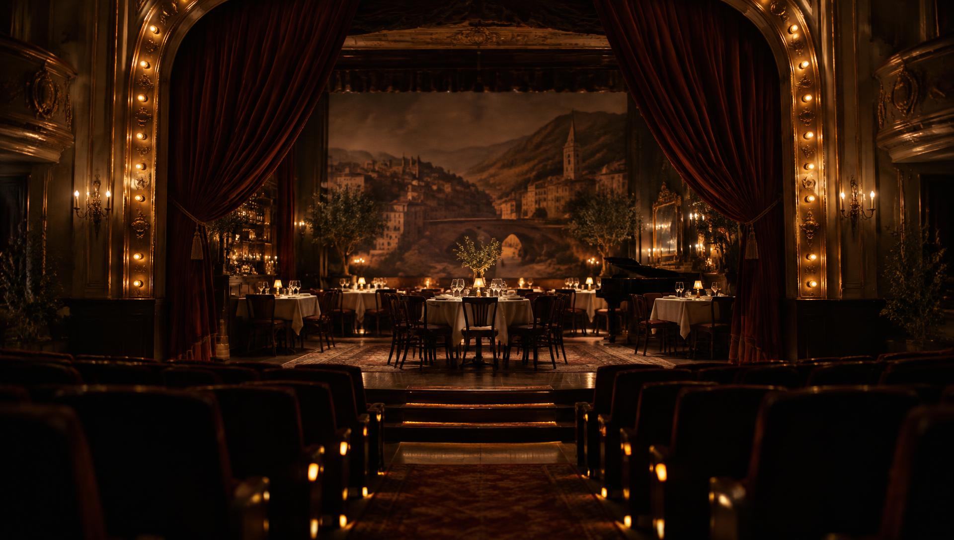 A theatrical dining room framed by burgundy curtains